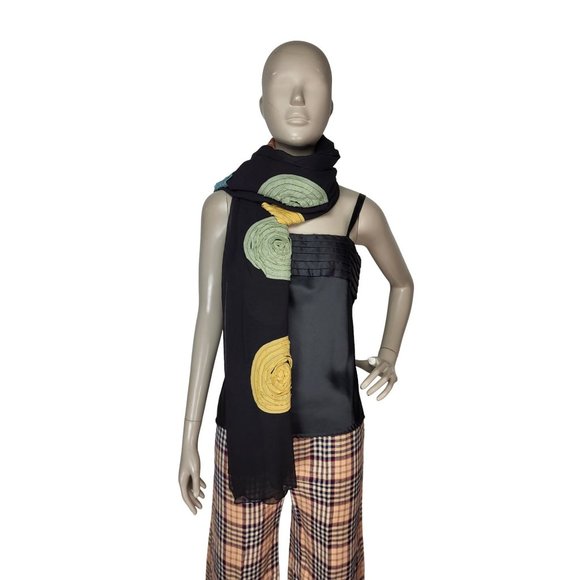 100% Silk Black Spiral Circle Pattern Rectangle Scarf Shawl Wrap 65"x41" - Picture 6 of 9